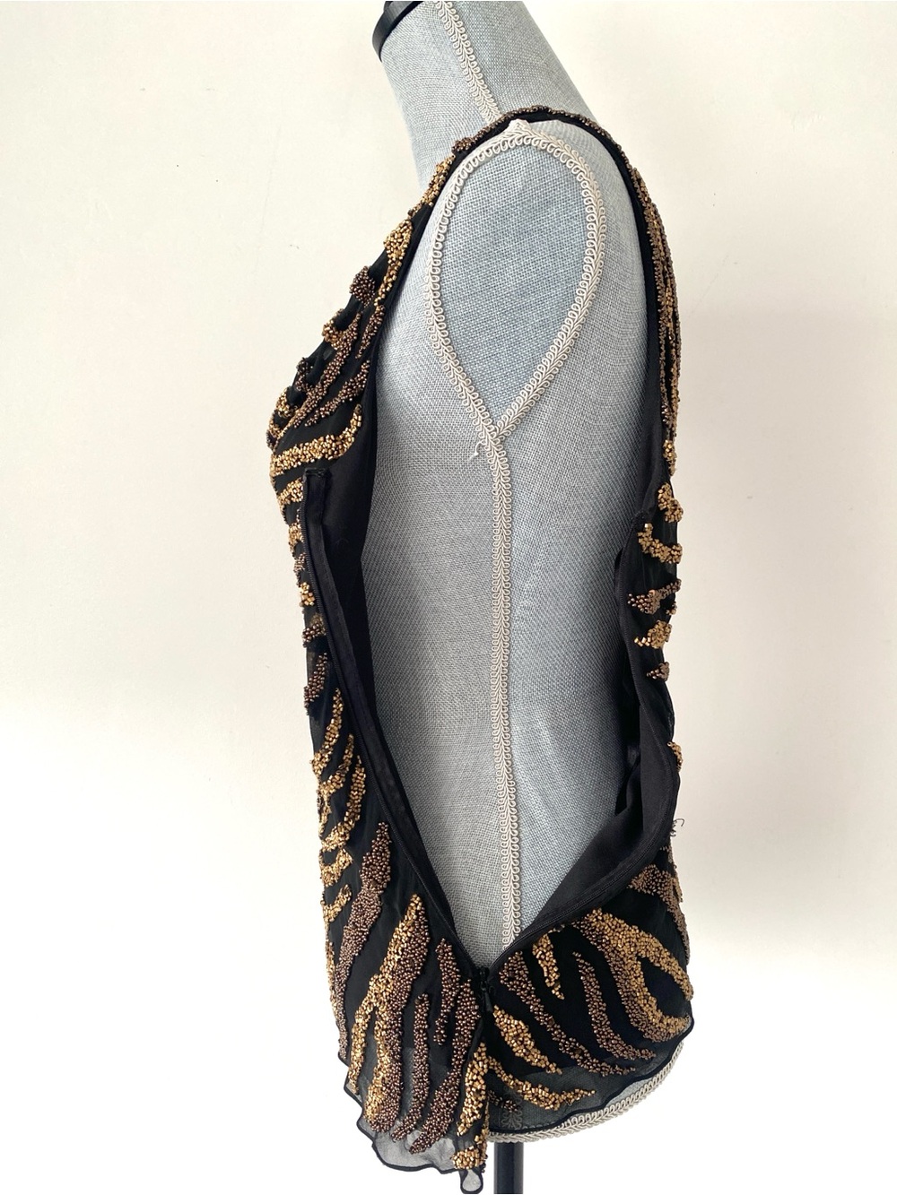 VTG Cache Black & Metallic Gold Fully Beaded Animal Print Sleeveless Blouse Sz S - Picture 7 of 12